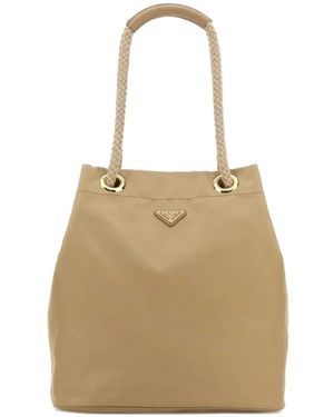 Prada Large Rope-Handle Logo-Plaque Bucket Bag - Natural