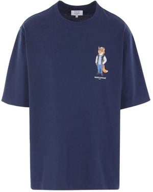 Maison Kitsuné T-Shirt En Coton À Logo Brodé - Bleu