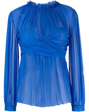 Alberta Ferretti Ruched Sheer Ruffle-Neck Blouse - Blue