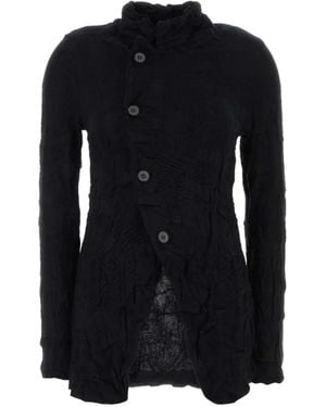 Y's Yohji Yamamoto Crinkled-Finish Asymmetric-Fastening Cardigan - Black