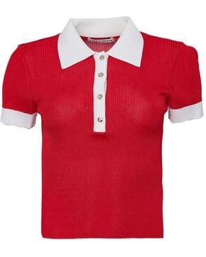 Alice + Olivia Martha Ribbed-Knit Polo Top - Red