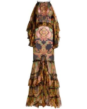 Etro Long Silk Dress With Ruffles And Placed Floral Print - Metallic