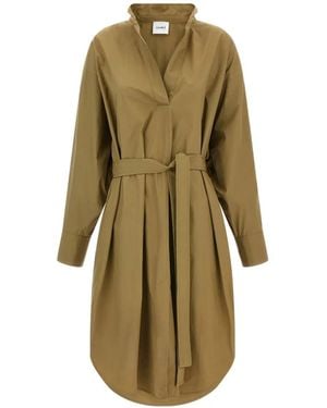 Nude Open Collar Long Sleeves Dress - Natural