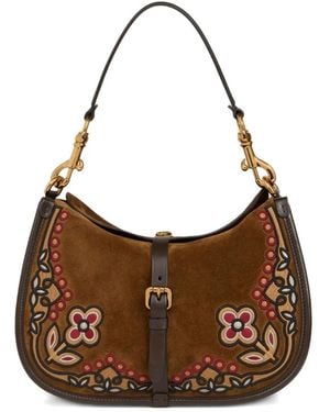 Etro Pony Floral-Embroidery Suede Medium Shoulder Bag - Brown