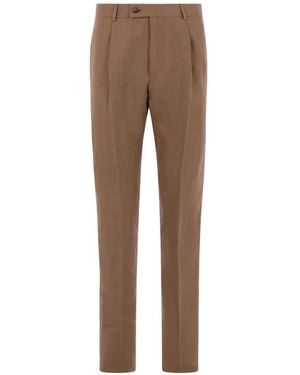 Caruso Pleated Linen Tailored Trousers - Natural