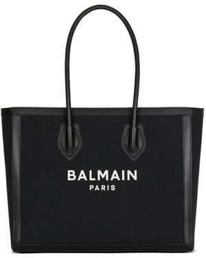 Balmain Logo-Plaque Leather-Trimmed Tote Bag - Black