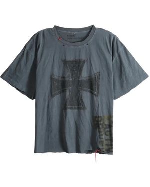 SAITOS Cross-Print Distressed T-Shirt - Grey