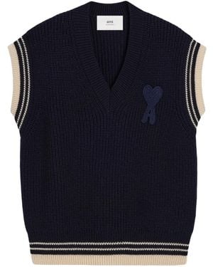 Ami Paris Gerippter, Ärmelloser Wollpullover Mit V-Ausschnitt - Blau