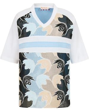 Marni Cotton T-Shirt With Macramé Insert - Blue