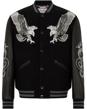 Philipp Plein Leather-Sleeves Bomber Jacket - Black