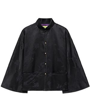 Shanghai Tang Floral-Jacquard Cape Jacket - Black