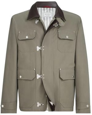 Brunello Cucinelli Water-Resistant Techno Cotton Gabardine Outerwear Jacket With Leather Inserts And Hook Fastening - Green