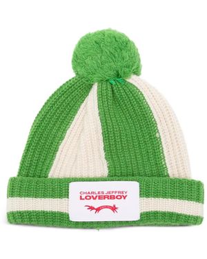 Charles Jeffrey Striped-Print Pompom Beanie Hat - Green