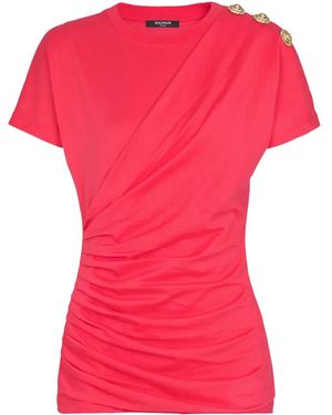 Balmain Draped-Detail Button T-Shirt - Pink