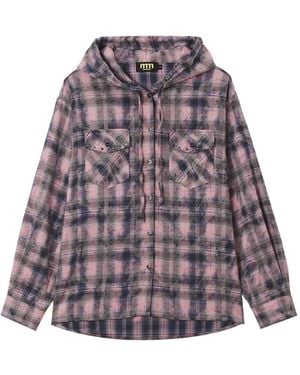 Mini Cream Check-Pattern Hooded Shirt - Purple
