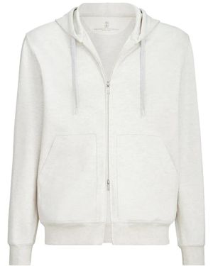 Brunello Cucinelli Techno Cotton French Terry Double Cloth Hooded Sweatshirt With Zipper - White