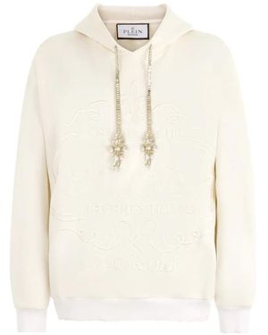 Philipp Plein Embroidered Embelished-Drawstring Hoodie - White