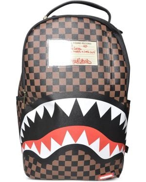 Sprayground Checkerboard-Pattern Shark-Detail Backpack - Brown