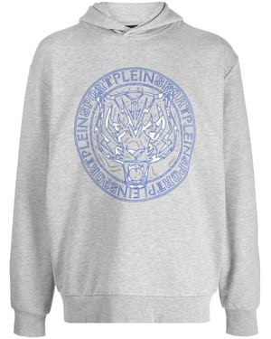 Philipp Plein Tiger-Print Cotton Hoodie - Grey