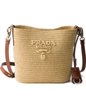 Prada Small Crochet And Leather Bucket Bag - Natural