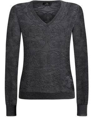 Etro Wollen Jacquard Trui Met V-Hals En Geplaatst Motief - Zwart