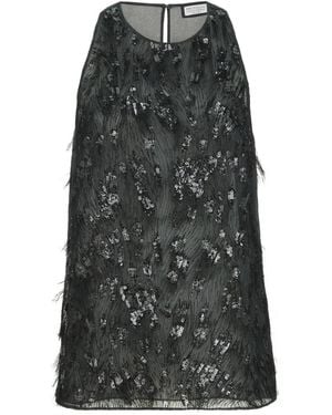 Brunello Cucinelli Crispy Silk Top With Dazzling Lynx Embroidery - Gray
