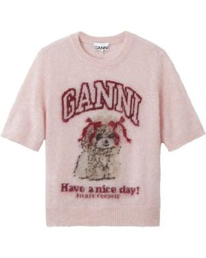 Ganni Graphic-Print Short-Sleeve Jumper - Pink