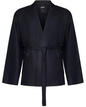 ZEGNA Pyjama-Oberteil aus Leinen mit Gürtel - Blau