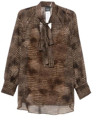 Marina Rinaldi Tapioca Crocodile-Effect Pussy-Bow Blouse - Brown