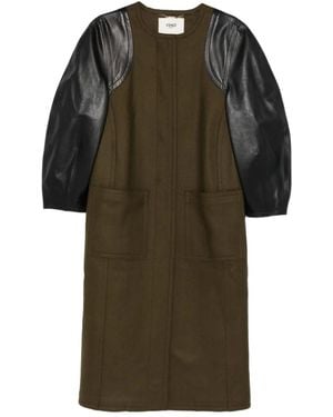 Fendi Abrigo De Lana Con Mangas De Cuero - Verde