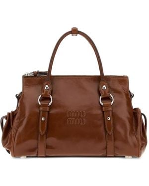 Miu Miu Logo-Embossed Leather Tote Bag - Brown