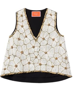 La DoubleJ Floral-Embroidery V-Neck Top - Natural