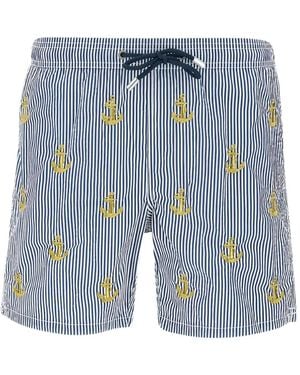 MC2 Saint Barth Gustavia Striped Anchor-Embroidered Swim Shorts - Blue