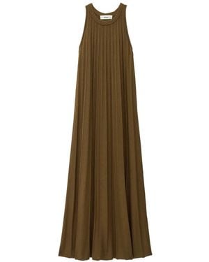 Ba&sh Sinte Ribbed-Knit Pointelle-Trim Flared Maxi Dress - Natural