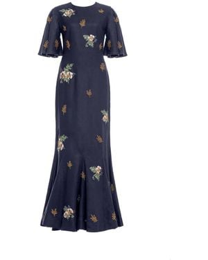 Agua Bendita Robe Longue Ave Anhelo En Lin À Broderies - Blue