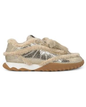 Pinko Shearling-Trim Cracked-Effect Sneakers - White