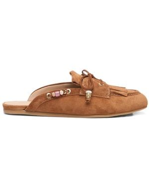 Stuart Weitzman Majorca Tinsley Bead-Embellished Fringe Mules - Brown