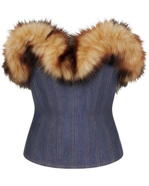 David Koma Detachable Faux-Fur-Trim Corset Top - Blue