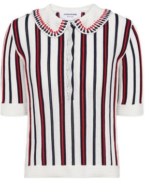 Thom Browne Striped Crochet-Knit Polo Shirt - White