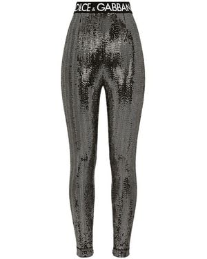 Dolce & Gabbana Logo-Waistband Sequin-Embellished Leggings - Gray
