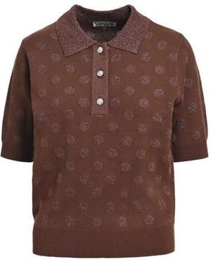 Essentiel Antwerp Polka-Dot Rhinestone-Button Polo Top - Brown