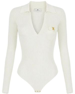 Elisabetta Franchi Ribbed-Knit V-Neck Bodysuit - White