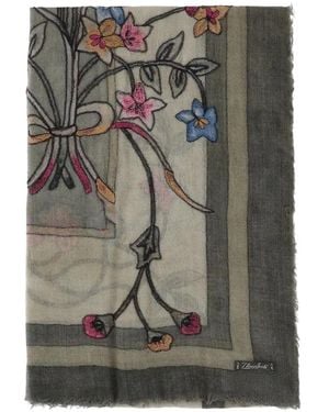 Faliero Sarti Floral-Embroidered Fringed Scarf - Grey