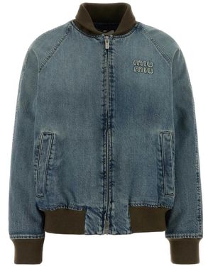 Miu Miu Zip-Up Denim Bomber Jacket - Blue