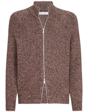 Brunello Cucinelli Virgin Wool, Silk And Cashmere Chiné Cardigan With Zipper - Brown
