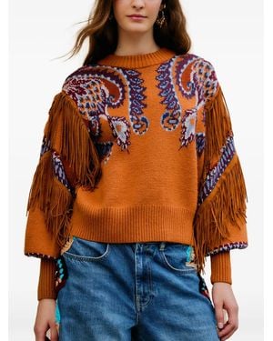 FARM Rio Fringed Patterned Sweater - Orange