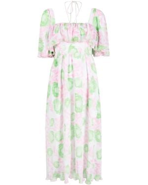 Ganni Smocked Waist Printed Midi Dress - White