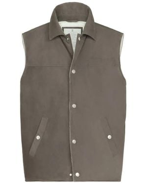 Brunello Cucinelli Suede Down Vest With Shirt-Style Collar - Brown