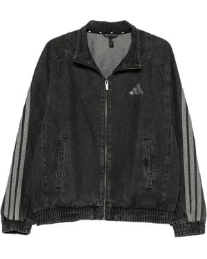 adidas Logo-Embroidered Zip-Up Denim Jacket - Black