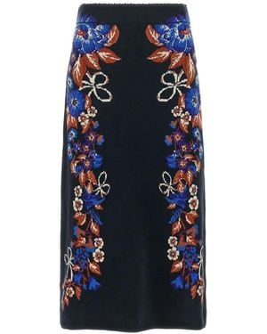 FARM Rio Bow Garden Knit Intarsia Midi Skirt - Blue